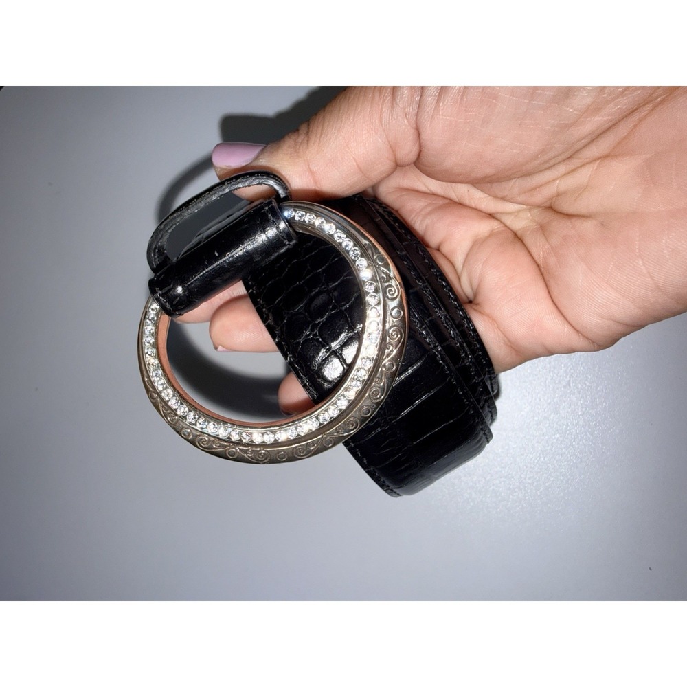 Brighton STARDUST Leather Belt  Size 32 M/L Croc Embossed Black Silver Rhineston